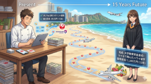 パノラマのアニメ調イラスト。左側の「現在（Present）」セクションでは、コックコート姿のシェフ（ダスティ）がデスクでタブレットを操作し、月5万円の積立設定を行っている。そこからワイキキのビーチを横切るように、JALのロゴが並んだ光る「15年の成長ロード」が右側へと続いている。右側の「15年後の未来（15 Years Future）」には、アカデミックドレス（卒業袴）を着て立派に成長した娘が笑顔で立っており、傍らには「教育資金1,100万円達成」と「マイルでのハワイ留学成功」を示すホログラムUIが浮かんでいる。背景にはダイヤモンドヘッドとJAL機が見え、一貫した戦略が家族の夢を叶えるストーリーを表現した独創的な16:9の構図。