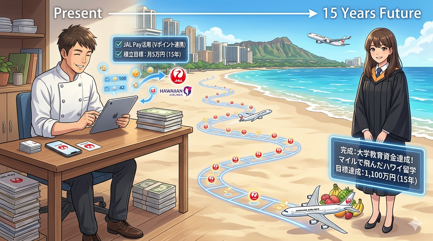 パノラマのアニメ調イラスト。左側の「現在（Present）」セクションでは、コックコート姿のシェフ（ダスティ）がデスクでタブレットを操作し、月5万円の積立設定を行っている。そこからワイキキのビーチを横切るように、JALのロゴが並んだ光る「15年の成長ロード」が右側へと続いている。右側の「15年後の未来（15 Years Future）」には、アカデミックドレス（卒業袴）を着て立派に成長した娘が笑顔で立っており、傍らには「教育資金1,100万円達成」と「マイルでのハワイ留学成功」を示すホログラムUIが浮かんでいる。背景にはダイヤモンドヘッドとJAL機が見え、一貫した戦略が家族の夢を叶えるストーリーを表現した独創的な16:9の構図。