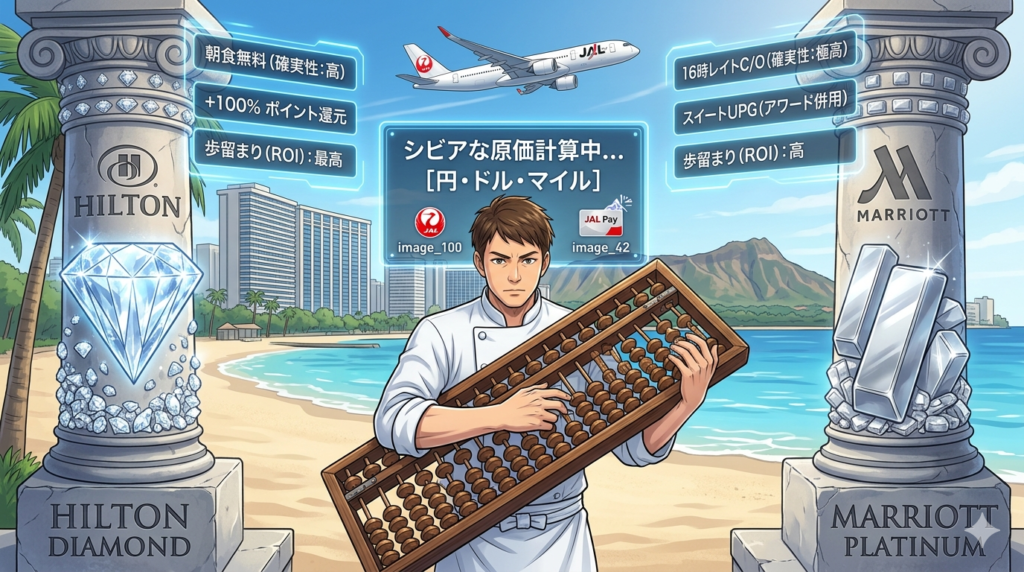 暖色系のラグジュアリーなホテルのエントランスを背景に、コックコート姿のシェフ（ダスティ）が、左手に「HILTON DIAMOND」と書かれた光るシールド（盾）、右手に「MARRIOTT PLATINUM」と書かれた光るソード（剣）を持ち、真剣なExpert Expressionでどちらが最強の「装備（コスト削減ツール）」かを吟味しているアニメ調イラスト。空にはJAL機とハワイの虹がかかり、損益計算書（P/L）のようなホログラムUIが浮遊して、各ステータスの「朝食無料」「16時レイトC/O」といった歩留まり（ROI）データが「円」と「ドル」で可視化されている。一貫した経営者視点とラグジュアリーな旅への期待感を融合させた独創的な16:9の構図。