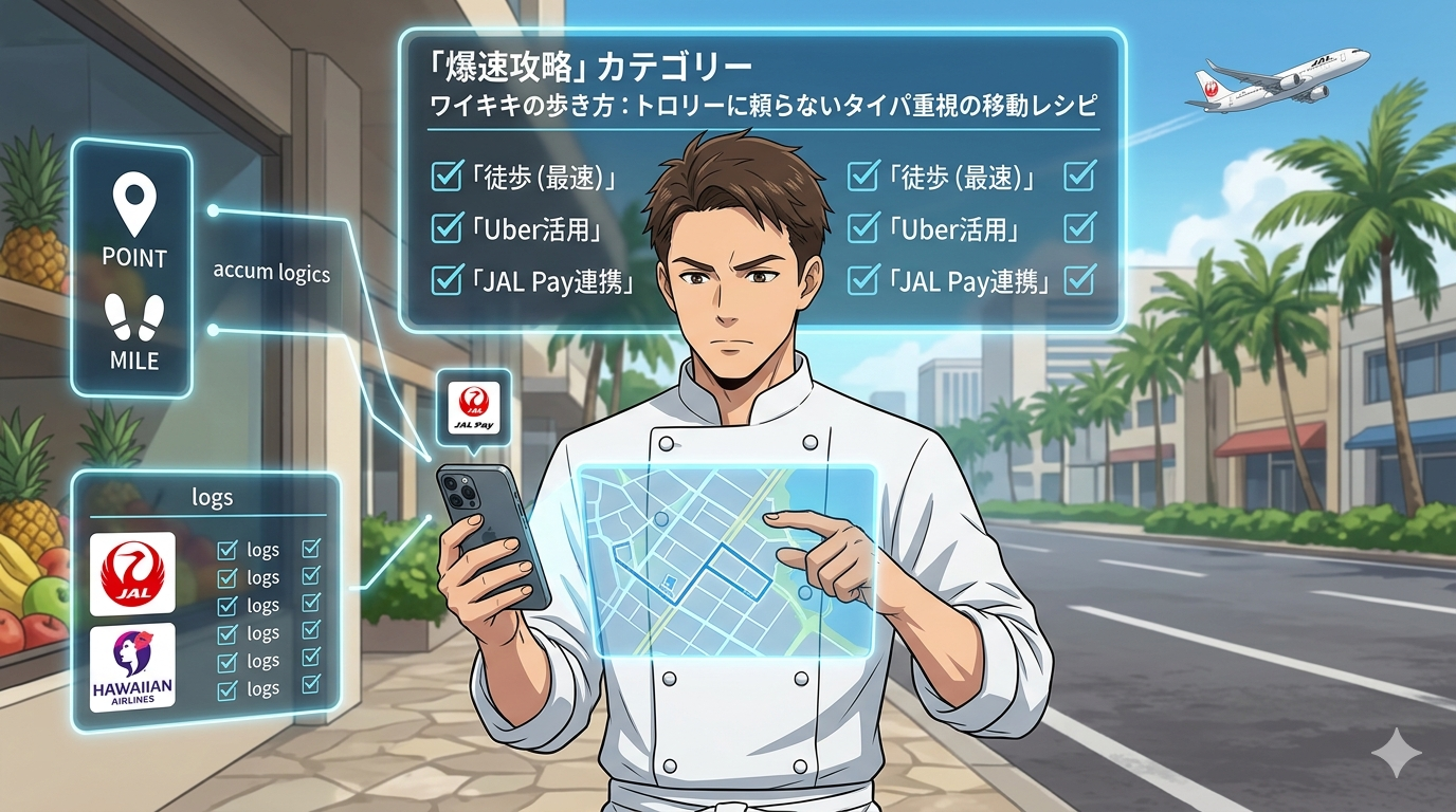 16:9のアニメ調イラスト。ワイキキのカラカウア通りを背景に、コックコート姿のシェフ（ダスティ）が、iPhone 15 Proのホログラムマップを空中に浮かび上がらせて、最適な移動ルートを指し示している。マップ上には「Walking: 5min」「Uber: 3min」「Trolley: 20min wait」といった比較データが、レストランのメニュー表のようなデザインで表示されている。ダスティの隣には、お洒落なベビーカーに乗った2歳のお嬢様が、JALの風船を持って楽しそうにしている。背景にはダイヤモンドヘッドと、遠くを走るJALトロリー、そして青い空を飛ぶJAL機が見える。「Time is the Best Ingredient（時間は最高の食材）」という経営者哲学を表現した、独創的で整理整頓された構図。