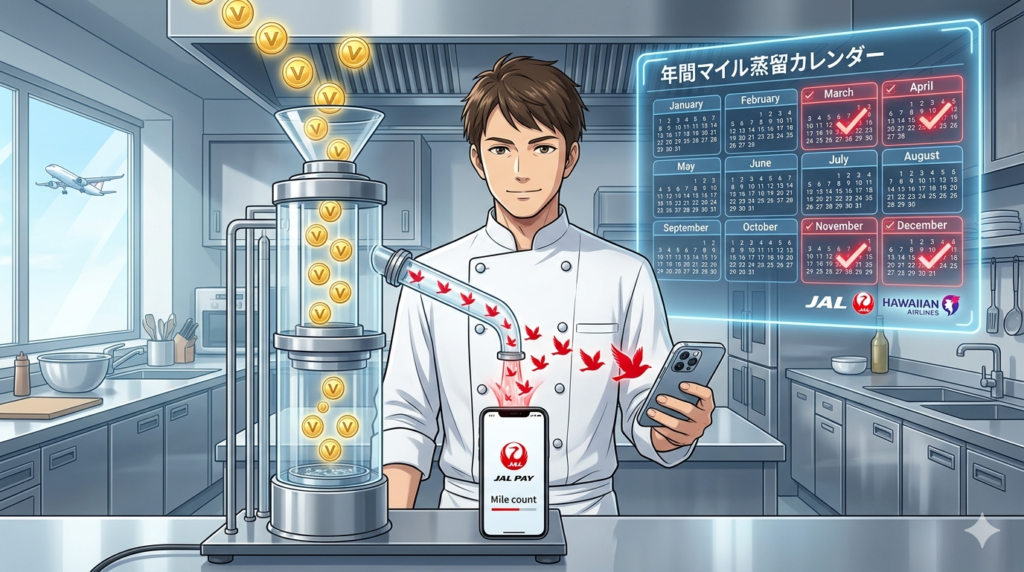 16:9のアニメ調イラスト。近未来的なデザインの高級レストランの厨房。コックコート姿のシェフ（ダスティ）が、輝く金色の「V-point」アイコンが次々と投入される、洗練されたガラス製の「マイル蒸留器」の前に立っている。蒸留器の出口からは、純度の高い赤い「JALマイル」アイコンが溢れ出し、ダスティが持つiPhone 15 Proの中へと吸い込まれている。背景のホログラムパネルには「Annual Mile Distillation Calendar（年間マイル蒸留カレンダー）」が月ごとに表示され、特定の月が強調されて光っている。窓の外には夕暮れのハワイ・ワイキキの景色と、飛び立つJAL機が見える。ロジカルかつラグジュアリーな「ポイ活の極意」を表現した、整理整頓された（Tidy）美しい構図。