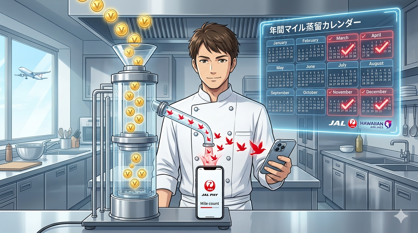 16:9のアニメ調イラスト。近未来的なデザインの高級レストランの厨房。コックコート姿のシェフ（ダスティ）が、輝く金色の「V-point」アイコンが次々と投入される、洗練されたガラス製の「マイル蒸留器」の前に立っている。蒸留器の出口からは、純度の高い赤い「JALマイル」アイコンが溢れ出し、ダスティが持つiPhone 15 Proの中へと吸い込まれている。背景のホログラムパネルには「Annual Mile Distillation Calendar（年間マイル蒸留カレンダー）」が月ごとに表示され、特定の月が強調されて光っている。窓の外には夕暮れのハワイ・ワイキキの景色と、飛び立つJAL機が見える。ロジカルかつラグジュアリーな「ポイ活の極意」を表現した、整理整頓された（Tidy）美しい構図。