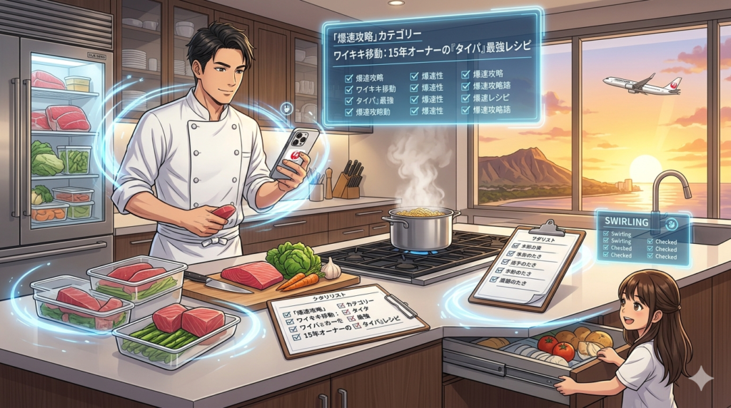 パノラマのアニメ調イラスト。カライ・ワイキキ（旧トランプ）のラグジュアリーなキッチン付きスイートルーム。16:9の構図。中央には、コックコートの袖をまくったシェフ（ダスティ）が、サブゼロの冷蔵庫の前で、ホールフーズのロゴが入った紙袋から新鮮なアヒ（マグロ）と地元の野菜を取り出している。キッチンカウンターは整理整頓され（Tidy）、ウルフ社製のコンロの上ではパスタの湯気が上がっている。窓からは夕暮れのハワイ・ワイキキの景色と、赤く染まるダイヤモンドヘッドが絶景として広がり、上空には帰国便のJAL機が見える。2歳のお嬢様がダイニングテーブルでワクワクしながら待っている。プロの料理とハワイの暮らしが融合した、独創的で温かみのある風景。