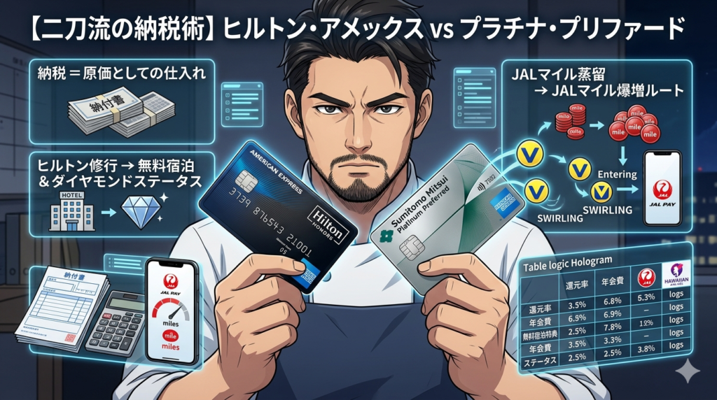 パノラマのアニメ調イラスト。洗練されたレストランのオフィスで、コックコート姿のシェフ（ダスティ）が、デスクの上に「Hilton AMEX Premium」と「Platinum Preferred」の2枚のクレジットカードを、まるで名刀を吟味するように並べて置いている。デスクには税金の納付書とiPhone 15 Proがあり、ホログラムUIには「納税＝仕入れとしての原価」「ダイヤモンド会員維持」「JALマイル蒸留」というロジカルな比較データが表示されている。背景には4月のハワイを象徴するカライ・ワイキキ（旧トランプ）のシルエットと、窓の外を飛ぶJAL機。経営者としての厳格さと、家族への愛が同居する、整理整頓された（Tidy）美しい構図。