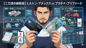 パノラマのアニメ調イラスト。洗練されたレストランのオフィスで、コックコート姿のシェフ（ダスティ）が、デスクの上に「Hilton AMEX Premium」と「Platinum Preferred」の2枚のクレジットカードを、まるで名刀を吟味するように並べて置いている。デスクには税金の納付書とiPhone 15 Proがあり、ホログラムUIには「納税＝仕入れとしての原価」「ダイヤモンド会員維持」「JALマイル蒸留」というロジカルな比較データが表示されている。背景には4月のハワイを象徴するカライ・ワイキキ（旧トランプ）のシルエットと、窓の外を飛ぶJAL機。経営者としての厳格さと、家族への愛が同居する、整理整頓された（Tidy）美しい構図。