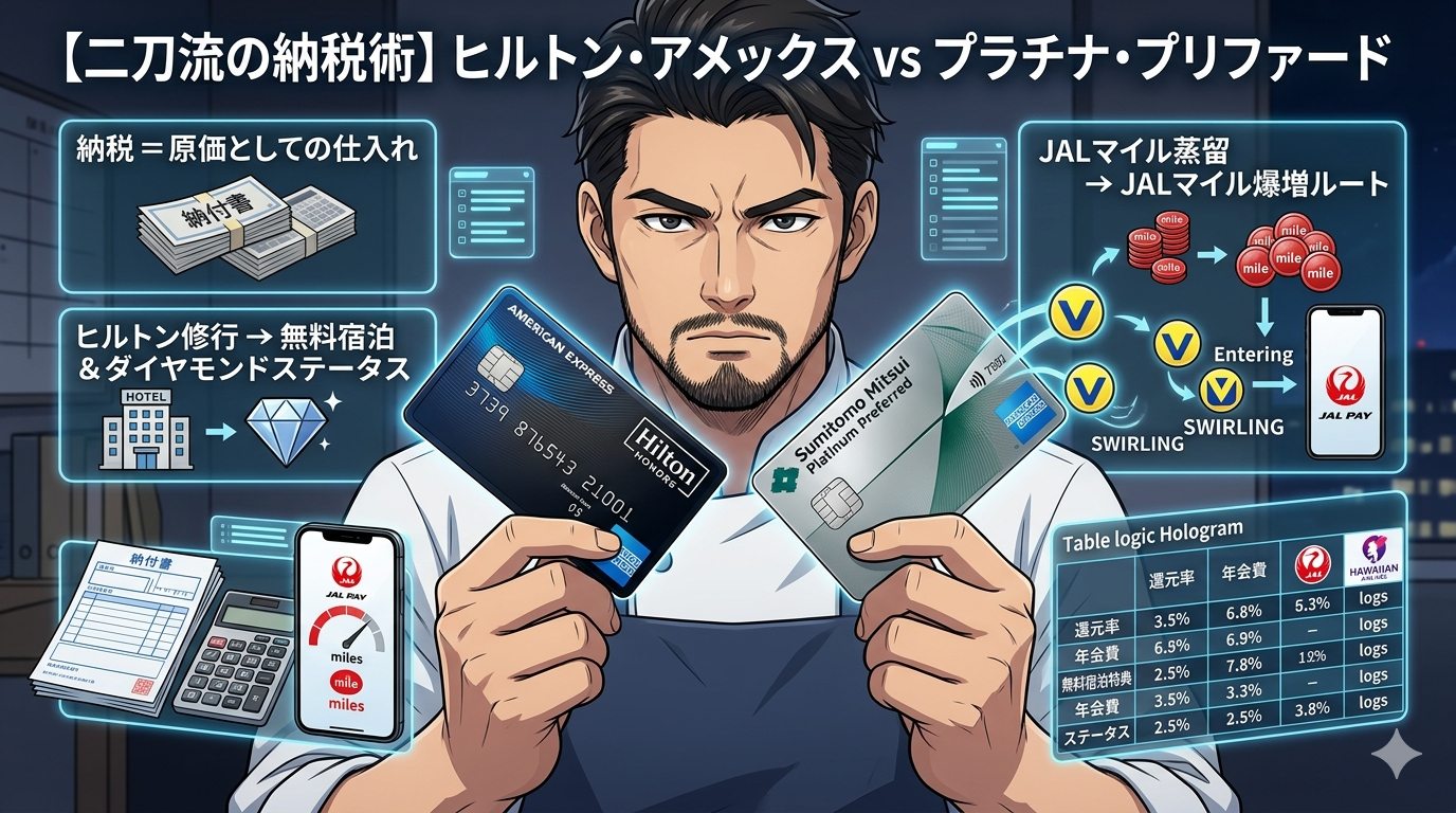 パノラマのアニメ調イラスト。洗練されたレストランのオフィスで、コックコート姿のシェフ（ダスティ）が、デスクの上に「Hilton AMEX Premium」と「Platinum Preferred」の2枚のクレジットカードを、まるで名刀を吟味するように並べて置いている。デスクには税金の納付書とiPhone 15 Proがあり、ホログラムUIには「納税＝仕入れとしての原価」「ダイヤモンド会員維持」「JALマイル蒸留」というロジカルな比較データが表示されている。背景には4月のハワイを象徴するカライ・ワイキキ（旧トランプ）のシルエットと、窓の外を飛ぶJAL機。経営者としての厳格さと、家族への愛が同居する、整理整頓された（Tidy）美しい構図。