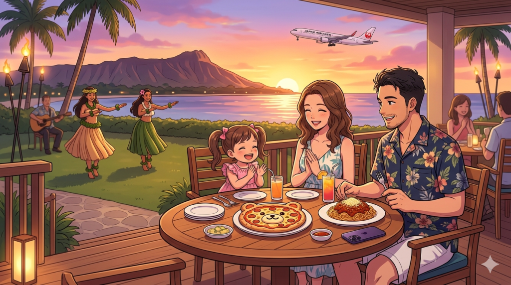 16:9のアニメ調イラスト。ハワイの夕暮れ時、ハレクラニの「ハウス・ウィズアウト・ア・キー」のテラス席。コックコートを脱ぎ、リゾートウェアを纏ったパパシェフ（ダスティ）が、ダイヤモンドヘッドを背景に2歳のお嬢様と奥様と一緒に楽しそうに食事をしている。テーブルにはクマの形のピザと、美味しそうなパスタ、そしてiPhone 15 Proが置かれている。芝生の上ではフラダンサーが踊り、JALの飛行機が夕焼け空を飛んでいる。温かい家族の団らんと、プロが選んだ最高に心地よいレストランの雰囲気を表現した、整理整頓された（Tidy）美しい構図。