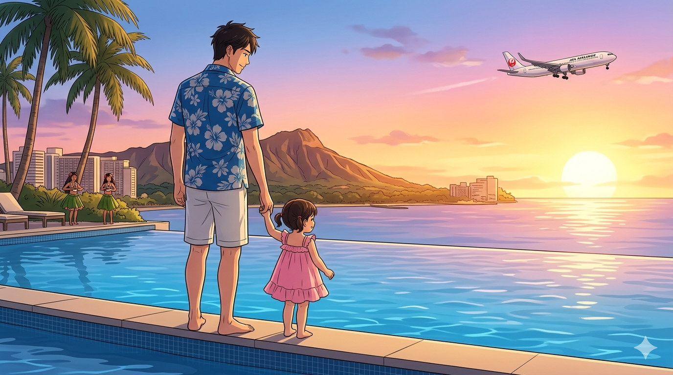 16:9のアニメ調イラスト。シェラトン・ワイキキの象徴的なインフィニティ・プールの縁。夕暮れ時、空と海が溶け合う青とオレンジのグラデーション。コックコートを脱ぎ、リゾートシャツを着たシェフ(ダスティ)が、2歳の娘の手を引きながらプール越しにダイヤモンドヘッドを眺めている。ダスティの右手にはiPhone 15 Proがあり、JALマイルのロゴが少し映り込んでいる。背景には楽しそうに遊ぶ家族連れと、黄金色の海を飛ぶJAL機。ラグジュアリーでありながら、パパとしての愛情に満ちた、整理整頓された(Tidy)美しい構図。