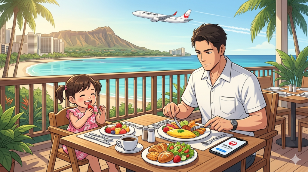 16:9のアニメ調イラスト。シェラトン・ワイキキの「カイ・マーケット」テラス席。朝の柔らかな光が差し込む中、コックコートを脱いだシェフ（ダスティ）が、プロの鋭い目線で朝食ビュッフェの皿をチェックしている。隣のハイチェアには2歳の娘が座り、笑顔でフルーツを食べている。テーブルにはiPhone 15 Proが置かれ、JAL Payのロゴが表示されている。背景にはワイキキの青い海とダイヤモンドヘッド、そして空にはJAL機が飛んでいる。食のプロとしての厳格さと、父親としての優しさが調和した、整理整頓された（Tidy）美しい構図。