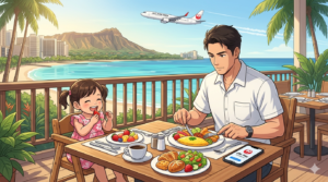 16:9のアニメ調イラスト。シェラトン・ワイキキの「カイ・マーケット」テラス席。朝の柔らかな光が差し込む中、コックコートを脱いだシェフ（ダスティ）が、プロの鋭い目線で朝食ビュッフェの皿をチェックしている。隣のハイチェアには2歳の娘が座り、笑顔でフルーツを食べている。テーブルにはiPhone 15 Proが置かれ、JAL Payのロゴが表示されている。背景にはワイキキの青い海とダイヤモンドヘッド、そして空にはJAL機が飛んでいる。食のプロとしての厳格さと、父親としての優しさが調和した、整理整頓された（Tidy）美しい構図。