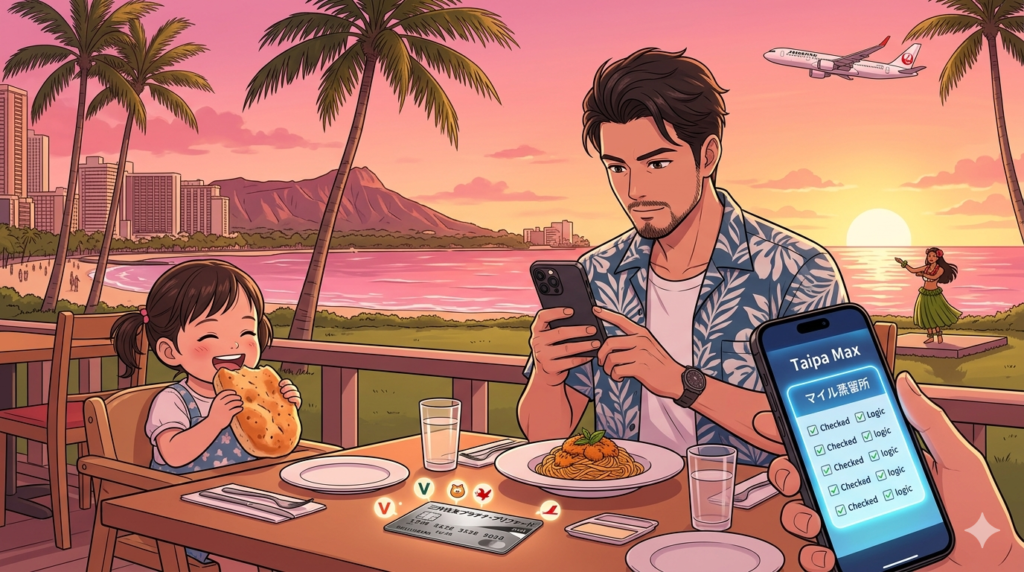 16:9のアニメ調イラスト。ハワイの有名イタリアンレストラン（アランチーノ）のテラス席。夕暮れ時、空がピンク色に染まり、ヤシの木が揺れている。リゾートシャツを着たシェフ（ダスティ）が、運ばれてきた「ウニのパスタ」をプロの鋭い眼差しで見つめ、iPhone 15 Proで写真を撮る準備をしている。隣の席では2歳の娘が笑顔でフォカッチャを頬張り、テーブルの上には三井住友プラチナ・プリファードが置かれている。背景にはワイキキの賑わいと、黄金色の海を飛ぶJAL機。職人の探究心とパパの優しさが融合した、整理整頓された（Tidy）美しい構図。