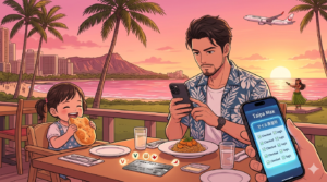 16:9のアニメ調イラスト。ハワイの有名イタリアンレストラン（アランチーノ）のテラス席。夕暮れ時、空がピンク色に染まり、ヤシの木が揺れている。リゾートシャツを着たシェフ（ダスティ）が、運ばれてきた「ウニのパスタ」をプロの鋭い眼差しで見つめ、iPhone 15 Proで写真を撮る準備をしている。隣の席では2歳の娘が笑顔でフォカッチャを頬張り、テーブルの上には三井住友プラチナ・プリファードが置かれている。背景にはワイキキの賑わいと、黄金色の海を飛ぶJAL機。職人の探究心とパパの優しさが融合した、整理整頓された（Tidy）美しい構図。