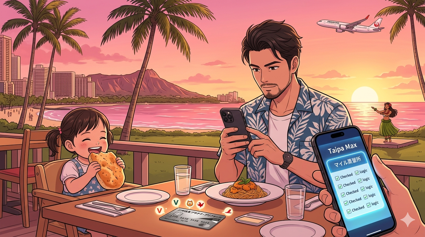 16:9のアニメ調イラスト。ハワイの有名イタリアンレストラン（アランチーノ）のテラス席。夕暮れ時、空がピンク色に染まり、ヤシの木が揺れている。リゾートシャツを着たシェフ（ダスティ）が、運ばれてきた「ウニのパスタ」をプロの鋭い眼差しで見つめ、iPhone 15 Proで写真を撮る準備をしている。隣の席では2歳の娘が笑顔でフォカッチャを頬張り、テーブルの上には三井住友プラチナ・プリファードが置かれている。背景にはワイキキの賑わいと、黄金色の海を飛ぶJAL機。職人の探究心とパパの優しさが融合した、整理整頓された（Tidy）美しい構図。