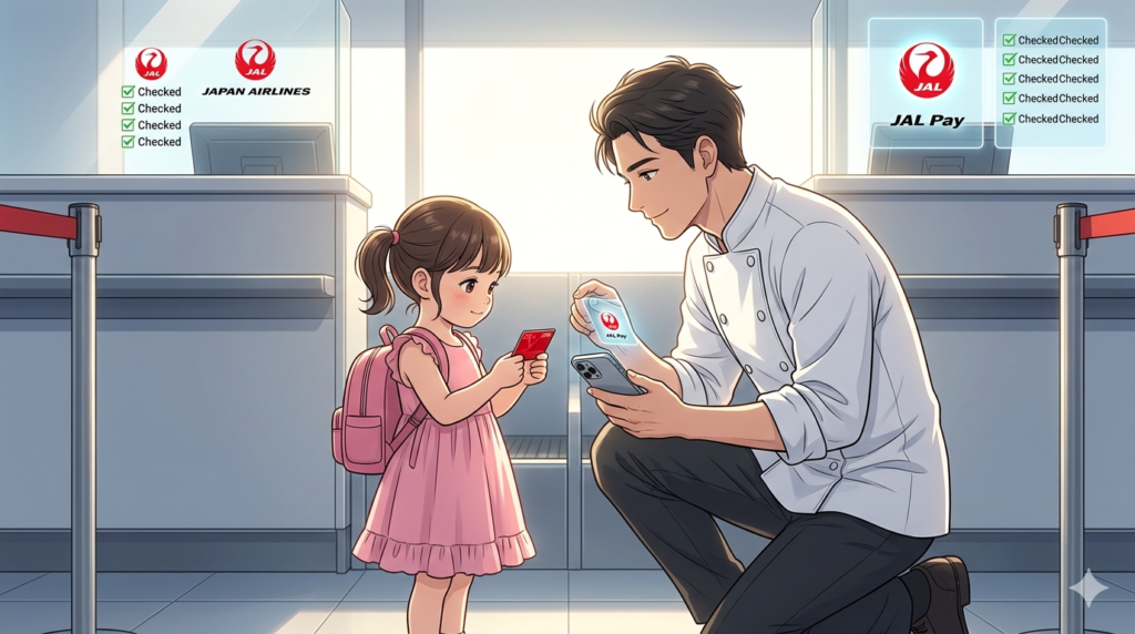 16:9のアニメ調イラスト。空港のJALカウンター前。逆光の朝日が差し込む中、コックコートのダスティが、自分と同じ赤いJALマイレージバンク（JMB）カードを小さな手で大切に持つ2歳の娘の目線に合わせて屈んでいる。娘の背中にはピンクの小さなリュック。ダスティはiPhone 15 Proを手に、娘の「マイルデビュー」を優しく見守っている。背景には巨大なJAL機の垂直尾翼と、ハワイへの出発を告げるフライトボード。経営者としての長期的な視点と、父親としての深い愛情が整理整頓された（Tidy）構図の中に溶け込んでいる。