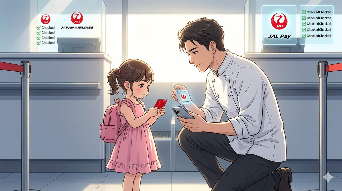 16:9のアニメ調イラスト。空港のJALカウンター前。逆光の朝日が差し込む中、コックコートのダスティが、自分と同じ赤いJALマイレージバンク（JMB）カードを小さな手で大切に持つ2歳の娘の目線に合わせて屈んでいる。娘の背中にはピンクの小さなリュック。ダスティはiPhone 15 Proを手に、娘の「マイルデビュー」を優しく見守っている。背景には巨大なJAL機の垂直尾翼と、ハワイへの出発を告げるフライトボード。経営者としての長期的な視点と、父親としての深い愛情が整理整頓された（Tidy）構図の中に溶け込んでいる。