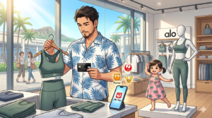 16:9のアニメ調イラスト。アラモアナセンター内の明るくモダンな「alo yoga」の店舗。リゾートシャツを着たシェフ（ダスティ）が、奥様へのプレゼントとして洗練されたデザインのヨガウェアを手に取り、素材の質感を確かめている。隣では2歳の娘が、店内のマネキンの隣で楽しそうにヨガのポーズを真似している。ダスティの手には三井住友プラチナ・プリファードが握られ、テーブルの上のiPhone 15 ProにはJALマイルのアプリ画面が表示されている。大きな窓からはハワイの眩しい日差しとヤシの木が見え、家族への愛情とプロの審美眼が調和した、整理整頓された（Tidy）美しい構図。