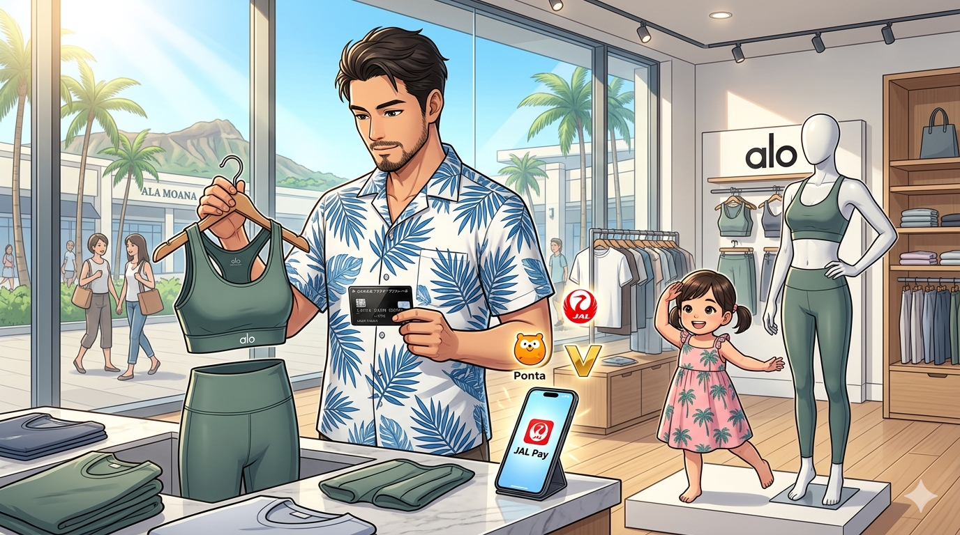 16:9のアニメ調イラスト。アラモアナセンター内の明るくモダンな「alo yoga」の店舗。リゾートシャツを着たシェフ（ダスティ）が、奥様へのプレゼントとして洗練されたデザインのヨガウェアを手に取り、素材の質感を確かめている。隣では2歳の娘が、店内のマネキンの隣で楽しそうにヨガのポーズを真似している。ダスティの手には三井住友プラチナ・プリファードが握られ、テーブルの上のiPhone 15 ProにはJALマイルのアプリ画面が表示されている。大きな窓からはハワイの眩しい日差しとヤシの木が見え、家族への愛情とプロの審美眼が調和した、整理整頓された（Tidy）美しい構図。