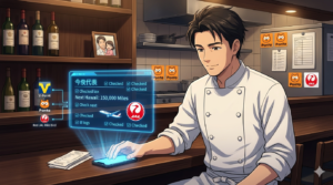 16:9のアニメ調イラスト。深夜のイタリアンレストランのカウンター。コックコートのボタンを外し、リラックスした表情のシェフ（ダスティ）が、領収書とiPhone 15 Proを並べてマイルの計算（シミュレーション）をしている。画面からは「Next Hawaii: 150,000 Miles」という文字と、JALの機体がホログラムのように美しく浮かび上がっている。背景の棚には厳選されたワインボトルと、お嬢様と一緒に撮った写真。経営者としての鋭い分析力と、家族への想いが整理整頓された（Tidy）美しい構図。