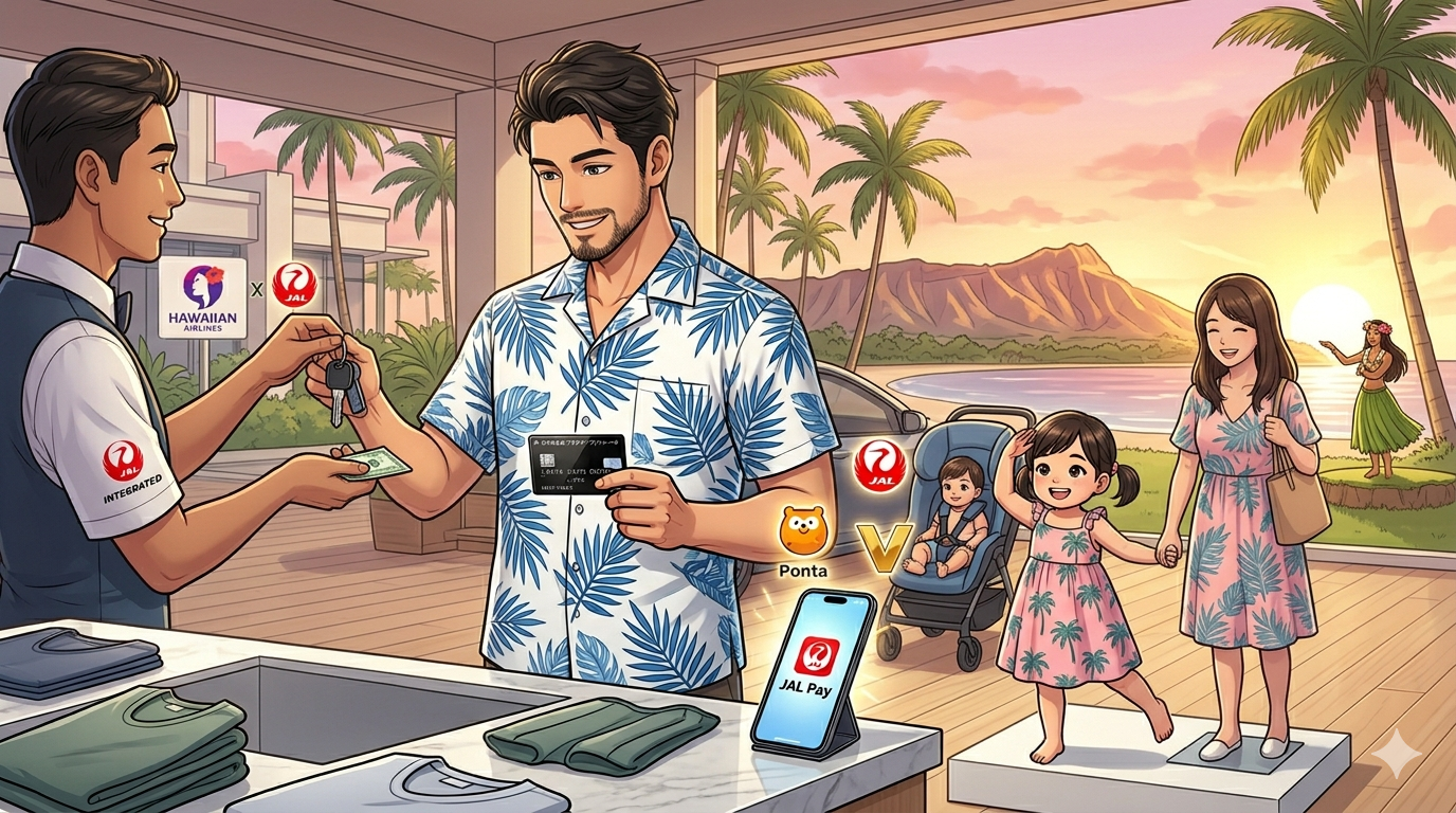 16:9のアニメ調イラスト。ハワイ・ワイキキのラグジュアリーホテル「カライ・ワイキキ」のエントランス（車寄せ）。夕暮れ時、リゾートシャツ姿のシェフ（ダスティ）が、レンタカーの鍵をバレーパーキングのスタッフに手渡し、笑顔でチップを渡している。隣には2歳の娘がチャイルドシートから降りて嬉しそうにパパの手を握っている。背景には豪華なロビーとヤシの木、そして遠くにはハワイの海。ダスティの手元にはiPhone 15 Proがあり、整理整頓された（Tidy）スマートな経営者のバカンスを表現した美しい構図