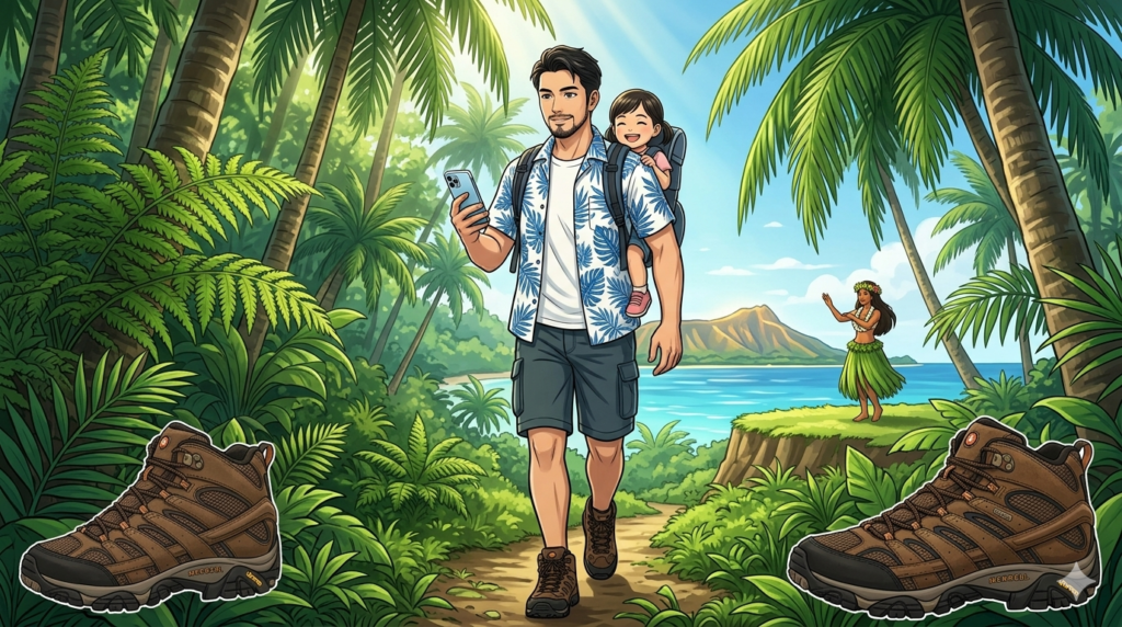 16:9のアニメ調イラスト。ハワイの緑豊かなマノア・フォールズ、巨大なシダ植物に囲まれたトレイル。リゾートシャツ姿のシェフ（ダスティ）が、愛用する茶色のMERRELL「MOAB 3 MID」を履き、2歳の娘を背負子で背負って力強く歩いている。ダスティの手にはiPhone 15 Proがあり、JAL Payの画面が輝いている。背景には幻想的な滝と、葉の間から差し込む木漏れ日。プロの道具へのこだわりと、父親としての深い愛情が、整理整頓された（Tidy）美しい構図の中に描かれている。