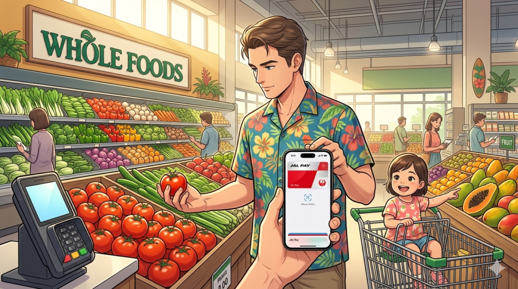 16:9のアニメ調イラスト。カカアコのホールフーズ・マーケット・クイーン店の鮮やかな野菜売場。リゾートシャツ姿のシェフ（ダスティ）が、現地の真っ赤なトマトをプロの目で厳選している。カートには2歳の娘が笑顔で座り、パパの様子を真似して果物を指差している。ダスティはiPhone 15 ProのApple Pay（JAL Pay画面）をレジの端末にかざす準備をしており、背景には「WHOLE FOODS」のロゴと、ハワイらしい明るい光が差し込む広い店内が描かれている。整理整頓された（Tidy）美しい構図。