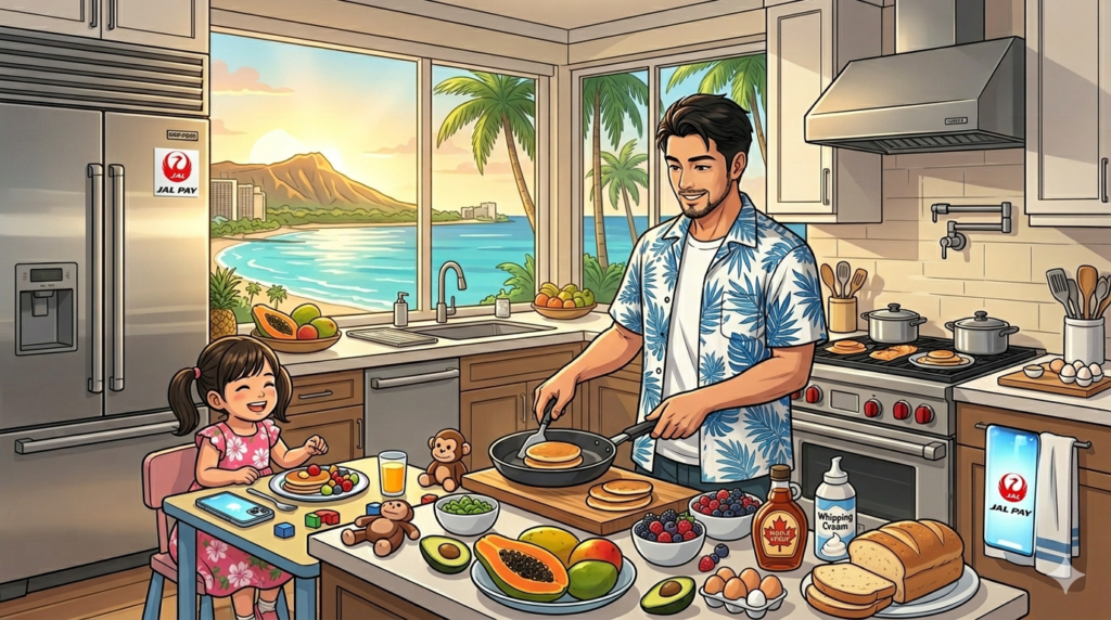 16:9のアニメ調イラスト。カライ・ワイキキ（旧トランプ）の豪華なキッチン付き客室。リゾートシャツにエプロンをつけたオーナーシェフ（ダスティ）が、現地のフルーツやパンケーキを美しく盛り付けている。その横で、2歳の娘が満面の笑みでフォークを握っている。背景にはワイキキの青い海が見える大きな窓と、サブゼロ社製冷蔵庫などの最高級家電。温かい朝日が差し込む、整理整頓された（Tidy）美しい家族の風景。