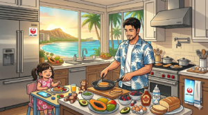 16:9のアニメ調イラスト。カライ・ワイキキ（旧トランプ）の豪華なキッチン付き客室。リゾートシャツにエプロンをつけたオーナーシェフ（ダスティ）が、現地のフルーツやパンケーキを美しく盛り付けている。その横で、2歳の娘が満面の笑みでフォークを握っている。背景にはワイキキの青い海が見える大きな窓と、サブゼロ社製冷蔵庫などの最高級家電。温かい朝日が差し込む、整理整頓された（Tidy）美しい家族の風景。
