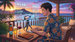 16:9のアニメ調イラスト。ハワイのホテルのラナイ（ベランダ）にて、夕暮れの海とダイヤモンドヘッドを背景に、リゾートシャツ姿のシェフ（ダスティ）がiPhone 15 Proを小型三脚に立てて、ブログの執筆と撮影を行っている。テーブルにはハワイアンビール、赤ワイン、使い込まれた手帳が整然と並び、iPhoneの画面からはブログのテキストやデータグラフがホログラムのように美しく浮遊している。最新デバイスを使いこなし、旅を資産に変えるプロの背中を描いた、整理整頓された（Tidy）美しい構図。