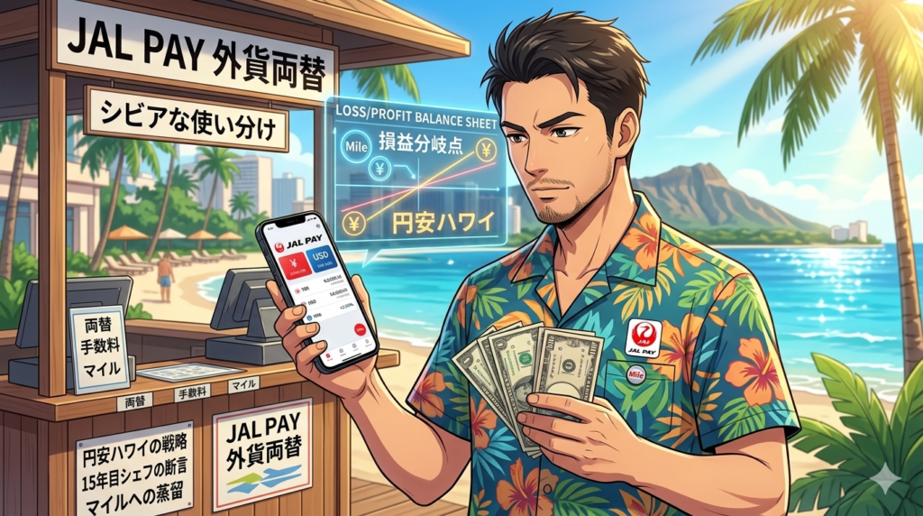 16:9のアニメ調イラスト。ハワイのKCCファーマーズマーケット。リゾートシャツ姿の知的で凛々しい日本人シェフ（ダスティ）が、手元でiPhone 15 Pro（JAL Payのドル残高画面）を見つめ、小銭入れから数枚の1ドル札を取り出している。背景にはダイヤモンドヘッドの山並みと、新鮮なフルーツや蜂蜜を売るカラフルな屋台。朝の明るい光が差し込み、手前には整理整頓された（Tidy）美しい構図でハワイの食材が並んでいる