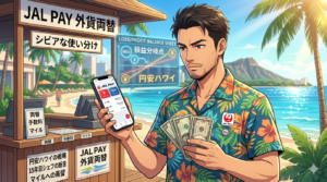 16:9のアニメ調イラスト。ハワイのKCCファーマーズマーケット。リゾートシャツ姿の知的で凛々しい日本人シェフ（ダスティ）が、手元でiPhone 15 Pro（JAL Payのドル残高画面）を見つめ、小銭入れから数枚の1ドル札を取り出している。背景にはダイヤモンドヘッドの山並みと、新鮮なフルーツや蜂蜜を売るカラフルな屋台。朝の明るい光が差し込み、手前には整理整頓された（Tidy）美しい構図でハワイの食材が並んでいる