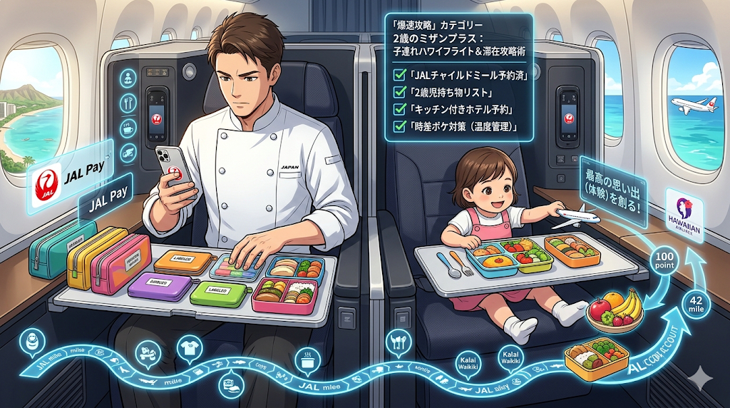 16:9のアニメ調イラスト。JAL国際線ビジネスクラス（JAL SKY SUITE）の洗練された機内。コックコート姿のシェフ（ダスティ）が、一人の父親として、2歳のお嬢様のために「ミザンプラス・リスト」と書かれたタブレットを確認しながら、機内持ち込みバッグの中身を整然と整理している。お嬢様は隣の席で楽しそうにJALの模型飛行機で遊んでいる。窓の外にはハワイの島影とダイヤモンドヘッド、そしてもう一機のJAL機が見える。空中に浮かぶホログラムUIには「2歳のミザンプラス」「JALチャイルドミール予約済」といったチェックリストが光り、プロの徹底した準備が家族の安心を創り出す様子を描いた独創的な構図。