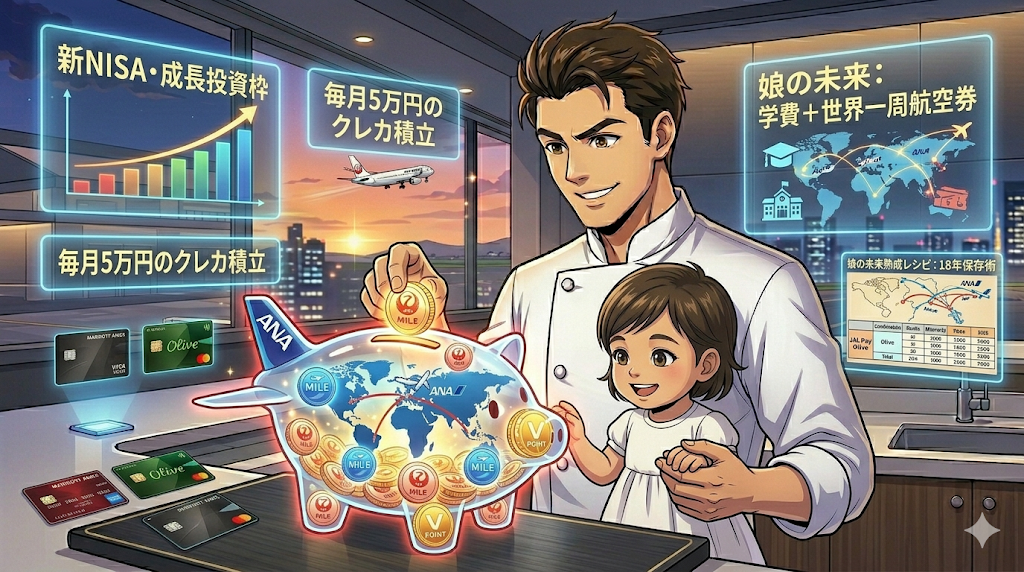 コックコート姿の男性(ダスティ)がGlowingな三井住友カードプラチナ・プリファードを掲げ、カードから緑のVポイントと赤のJALマイルがDNAの螺旋のように合体してGlowingしているイラスト。背景は夕暮れの空港とGlowingなホログラフィックディスプレイ。