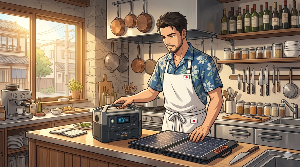 16:9のアニメ調イラスト。東京・門前仲町のイタリアンレストランの厨房。窓から差し込む朝日の下、リゾートシャツに白のエプロンをつけた知的で凛々しい日本人シェフ（ダスティ）が、調理台に置かれたEcoFlow RIVER Proと220Wソーラーパネルを、プロの道具を確認するように点検している。背景には使い込まれた銅鍋、ワインボトル、整理整頓された（Tidy）調理器具が並び、経営者としての危機管理能力を象徴する、静謐で力強い構図。