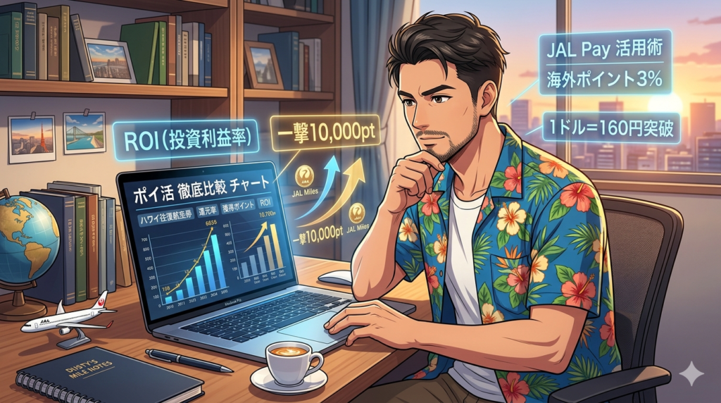 16:9のアニメ調イラスト。洗練された書斎で、リゾートシャツ姿の知的で凛々しい日本人シェフ（ダスティ）が、MacBookの画面に向かいながらポイント還元の比較チャートを分析している。傍らにはエスプレッソが置かれ、画面からは「ROI（投資利益率）」「一撃10,000pt」といったホログラムテキストが浮かび上がっている。効率を追求するプロのポイ活スタイルを描いた、整理整頓された（Tidy）美しい構図