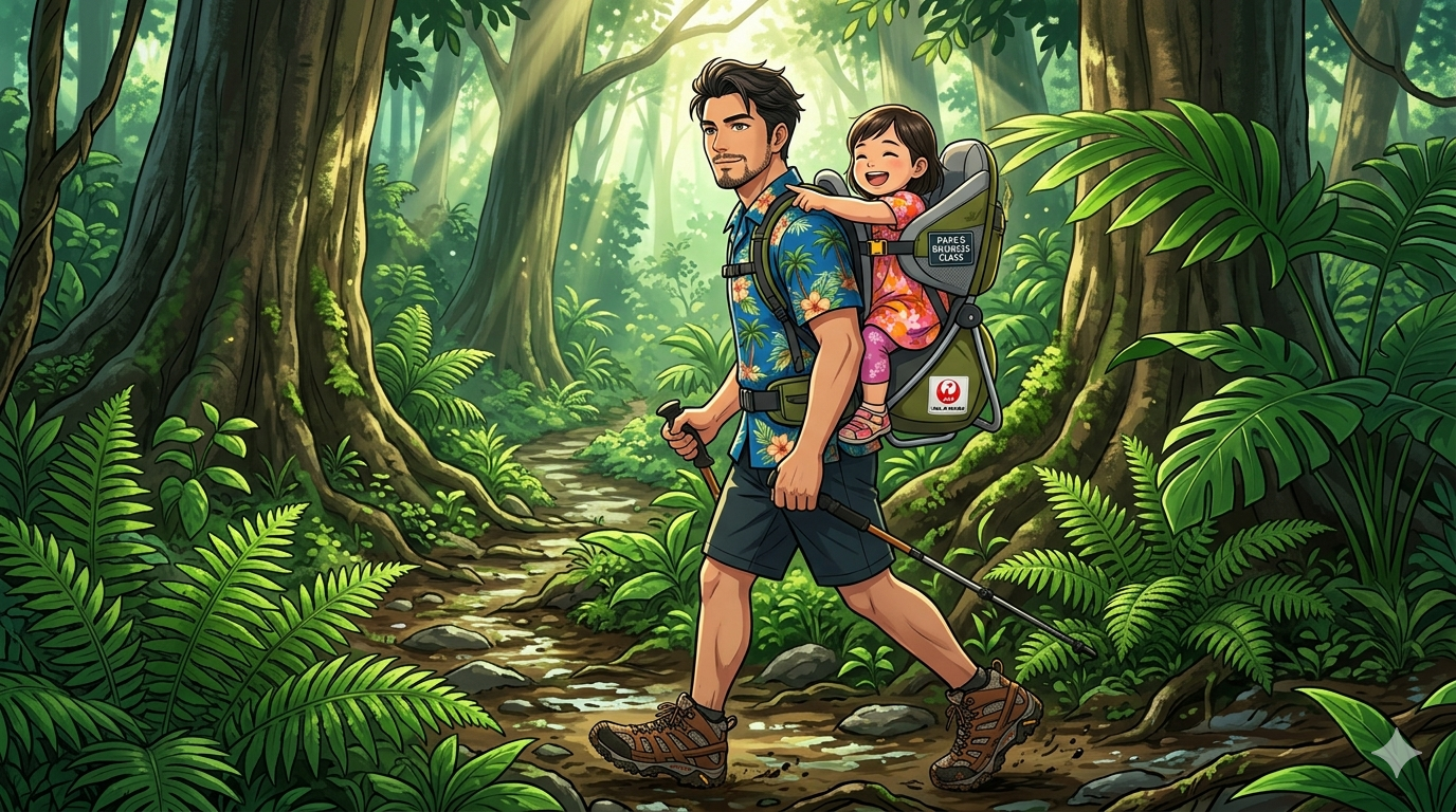 16:9のアニメ調イラスト。ハワイ・マノアの森の深い緑と幻想的な木漏れ日の中、MERRELLの登山靴を履き、リゾートシャツ姿の知的で凛々しい日本人シェフ(ダスティ)が、2歳の娘を背負子(ベビーキャリア)に乗せて力強く歩いている。娘は楽しそうに前方を指差し、満面の笑みを浮かべている。背景にはシダの葉や巨大な樹木。父親としての愛情とプロの強さを感じさせる、整理整頓された(Tidy)美しい構図。