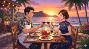 16:9のアニメ調イラスト。ハワイの夕暮れ、海が目の前に広がる最高級レストランのテラス席。アイランドスタイルのフォーマルな装いをした知的で凛々しい日本人シェフ（ダスティ）が、美しいドレス姿の奥様と笑顔でワイングラスを合わせている。背景にはオレンジ色に染まる海とダイヤモンドヘッドのシルエット。テーブルには芸術的な盛り付けのディナーコース。整理整頓された（Tidy）ラグジュアリーで温かい記念ディナーの情景。