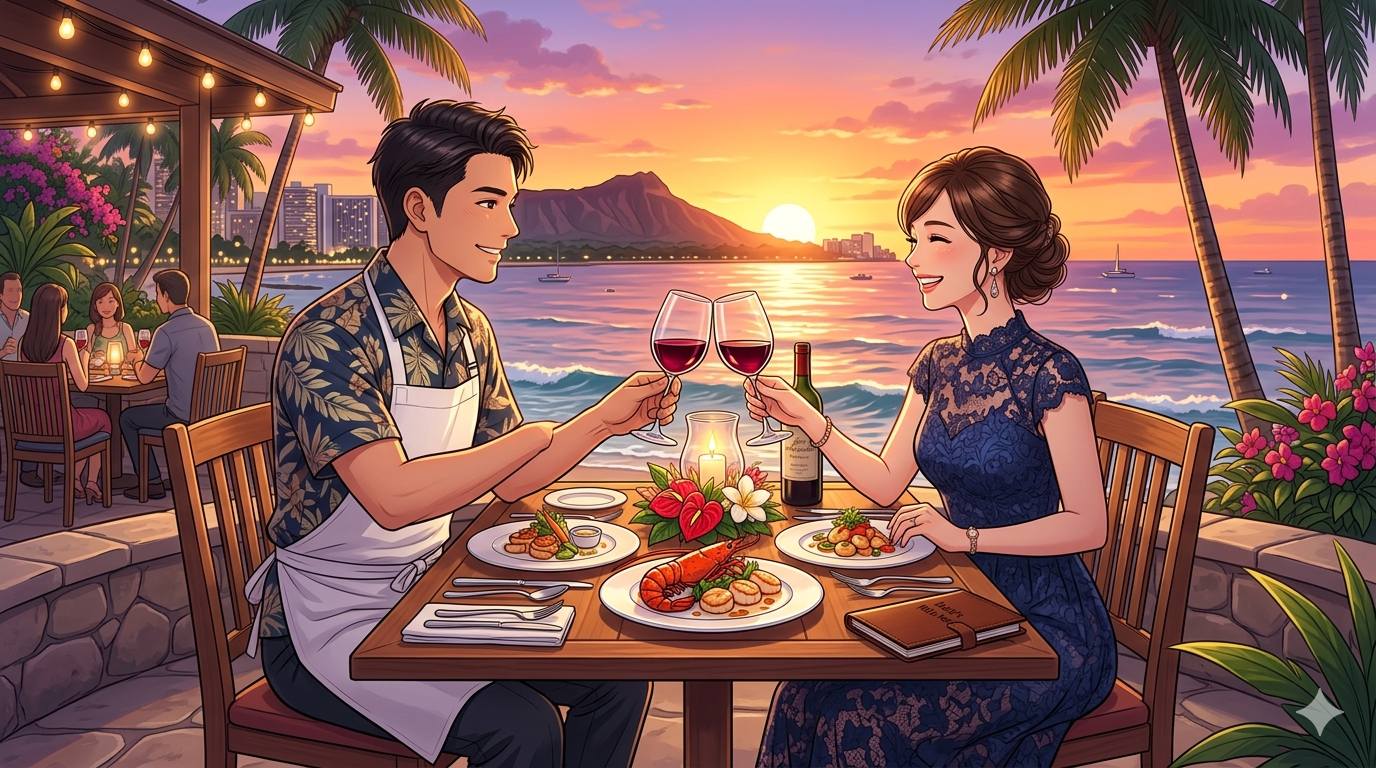 16:9のアニメ調イラスト。ハワイの夕暮れ、海が目の前に広がる最高級レストランのテラス席。アイランドスタイルのフォーマルな装いをした知的で凛々しい日本人シェフ（ダスティ）が、美しいドレス姿の奥様と笑顔でワイングラスを合わせている。背景にはオレンジ色に染まる海とダイヤモンドヘッドのシルエット。テーブルには芸術的な盛り付けのディナーコース。整理整頓された（Tidy）ラグジュアリーで温かい記念ディナーの情景。
