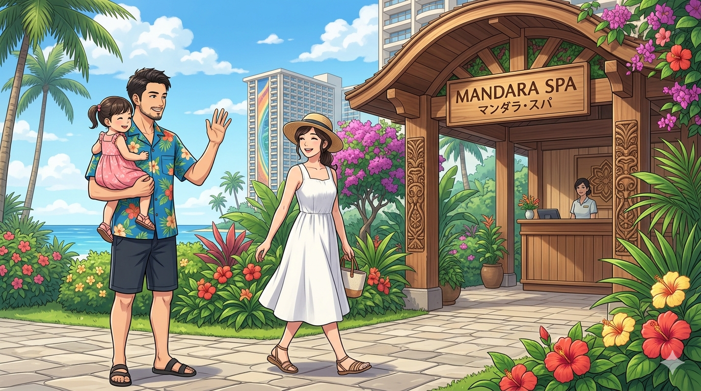 16:9のアニメ調イラスト。ハワイの高級スパ（マンダラ・スパ）の入り口前。リゾートシャツ姿の知的で凛々しい日本人シェフ（ダスティ）が、2歳の娘を抱っこし、笑顔で奥様をスパへと送り出している。奥様はリラックスした表情で、期待に胸を膨らませてエントランスへ向かっている。背景には南国の美しい花々と青い空、ヒルトンのラグジュアリーな雰囲気が漂い、家族の思いやりを象徴する、整理整頓された（Tidy）美しい構図。