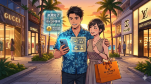 16:9のアニメ調イラスト。ワイキキのラグジュアリー・ロウ、夕暮れの華やかなブランドショップが並ぶ街並み。リゾートシャツ姿の知的で凛々しい日本人シェフ（ダスティ）が、奥様と並んでブティックから出てくる。奥様の手にはオレンジ色のブランドバッグの紙袋。ダスティはiPhone 15 Proを片手に、決済完了とポイント獲得を示すホログラム画面を頼もしげに見つめている。成功したショッピングと夫婦の絆を象徴する、整理整頓された（Tidy）華やかな構図。