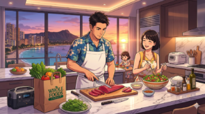 16:9のアニメ調イラスト。ラグジュアリーホテルの洗練されたキッチン。リゾートシャツに白のエプロンをつけたダスティが、手際よくハワイ産のアヒ（マグロ）を捌いている。隣では、ショートヘアの奥様が楽しそうにサラダを盛り付けている。カウンターにはホールフーズの紙袋と新鮮な野菜。夕暮れのワイキキの景色が窓越しに見える、整理整頓された（Tidy）美しい構図。