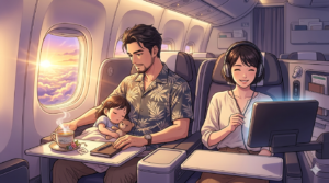 16:9のアニメ調イラスト。飛行機のビジネスクラス機内。窓の外には夕刻の美しい雲海が広がっている。リゾートシャツ姿の知的で凛々しい日本人シェフ（ダスティ）が、隣の席で眠る2歳の娘を優しく見守っている。その隣では、ショートヘアの奥様がリラックスした表情で映画を楽しんでいる。テーブルには、CAさんの温かいサービスを感じさせるハーブティーが置かれている。家族の安息とプロの視線が同居する、整理整頓された（Tidy）静謐で美しい構図。