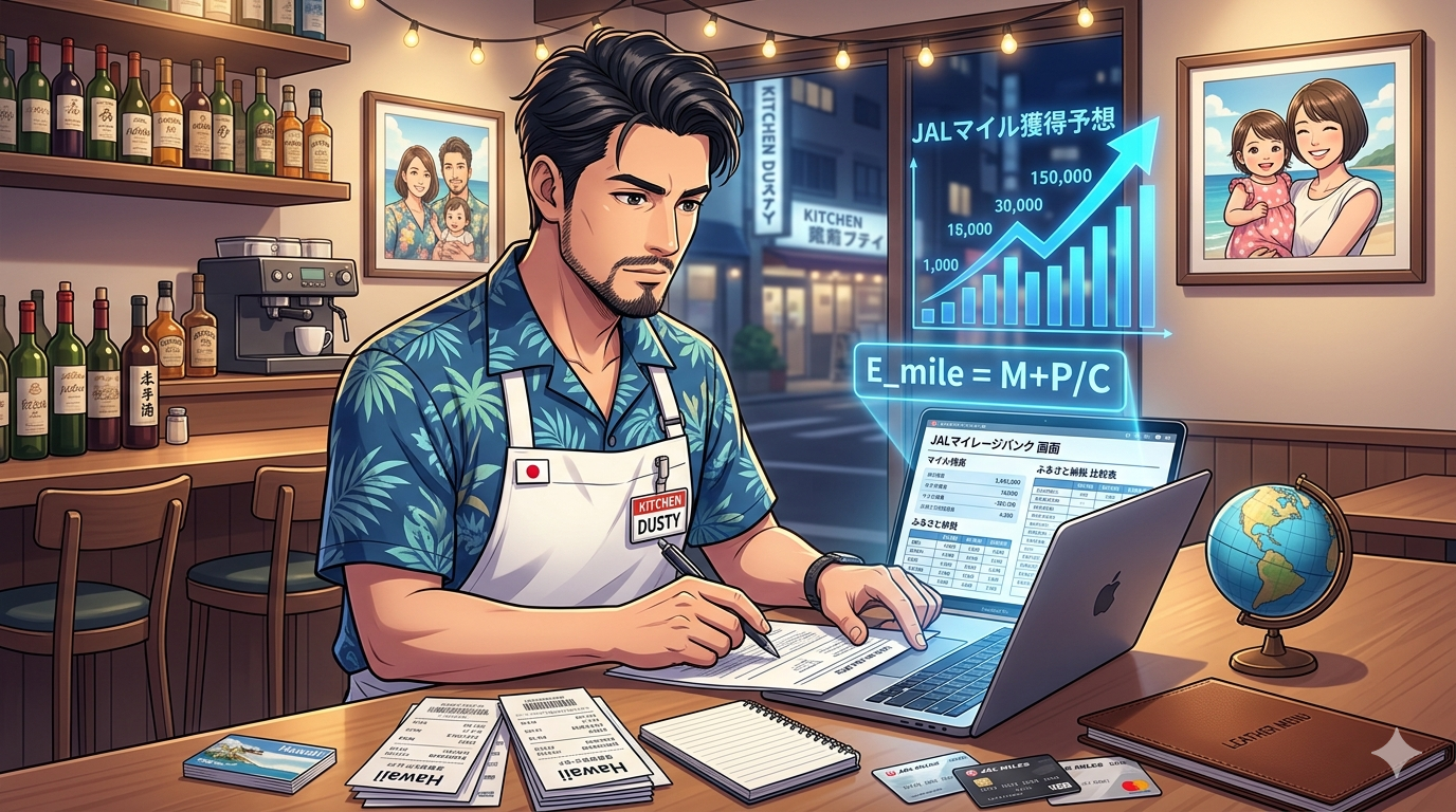 16:9のアニメ調イラスト。夜の門前仲町、自分のイタリアンレストランのカウンター。リゾートシャツに白のエプロンをつけた知的で凛々しい日本人シェフ（ダスティ）が、MacBookを開き、ハワイ旅行のレシートとJALマイルの残高、そして「ふるさと納税」の比較表を真剣な表情で照らし合わせている。画面からは数式「E_{mile} = \frac{M+P}{C}」が青白いホログラムとして浮かび上がり、上昇するマイルのグラフが表示されている。壁にはハワイで撮影された、ショートヘアの奥様と娘の幸せそうな写真。プロの知性と家族への愛が交差する、整理整頓された（Tidy）美しい構図。