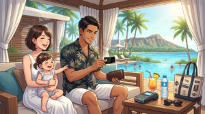 16:9のアニメ調イラスト。シェラトン・ワイキキの豪華なカバナ内。リゾートシャツ姿のダスティが、財布から『三井住友プラチナ・プリファード』を取り出し、スマートに決済の準備をしている。背景には宿泊客専用の美しいプールとダイヤモンドヘッド。隣では、ショートヘアの奥様が2歳の娘と一緒にプールを見て微笑んでいる。ヒルトンから移動して手に入れた「最高の拠点」での幸福な瞬間。整理整頓された（Tidy）ラグジュアリーな構図。