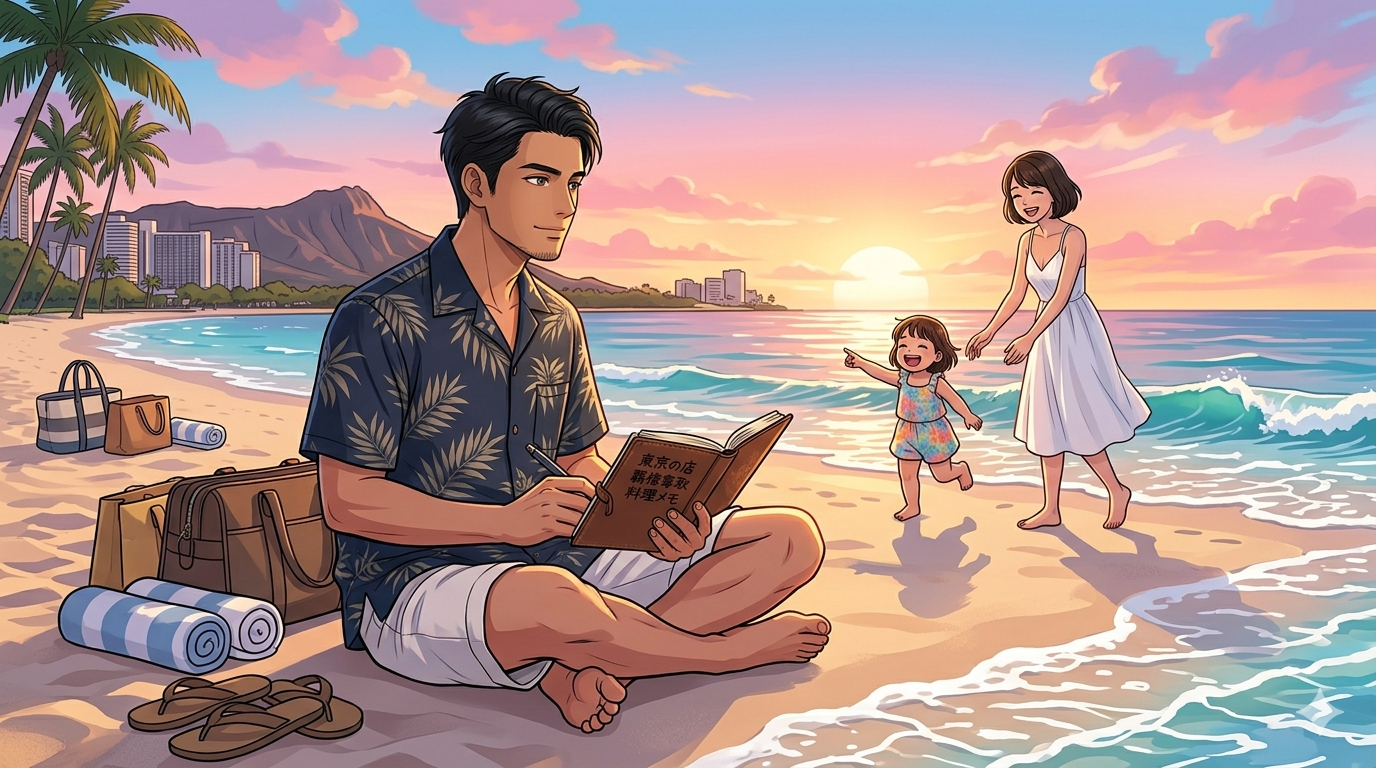 16:9のアニメ調イラスト。夕暮れの美しいワイキキビーチ。リゾートシャツ姿の知的な日本人シェフ（ダスティ）が波打ち際に座り、遠くを見つめながら手帳に料理のアイデアを書き留めている。空はピンクとオレンジの幻想的なグラデーション。背後では、ショートヘアの奥様と2歳の娘が楽しそうに砂浜で遊んでいる。東京の店への決意と、リゾートの解放感が融合した、整理整頓された（Tidy）叙情的な構図。