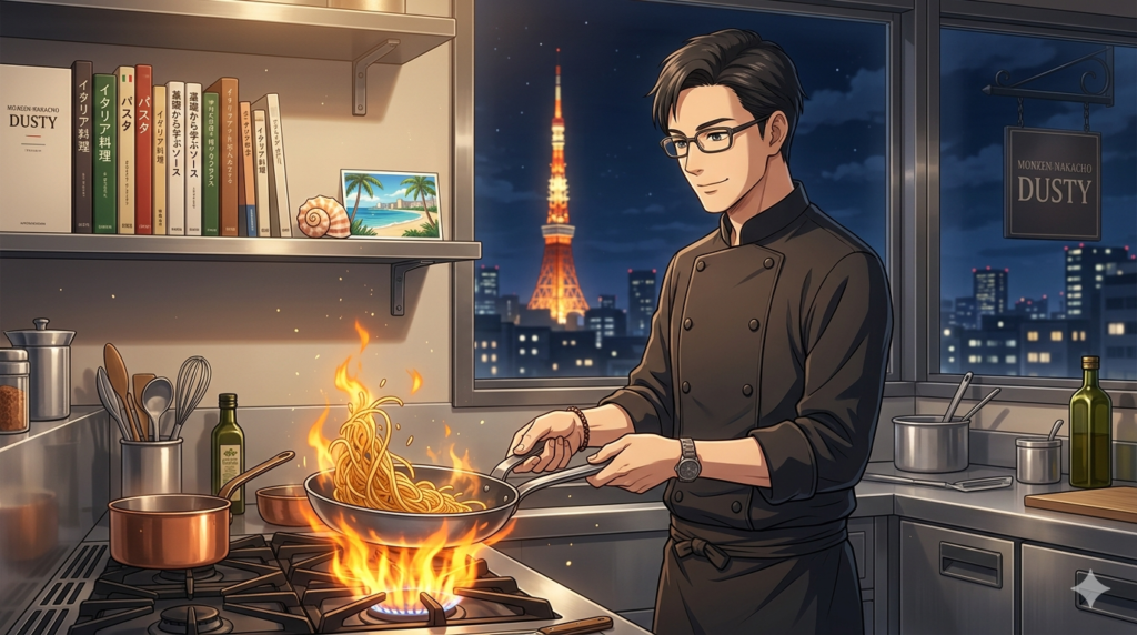16:9のアニメ調イラスト。夜の門前仲町のイタリアンレストラン、厨房。15年のキャリアを感じさせる凛々しい日本人シェフ（ダスティ）が、穏やかな微笑みを浮かべながらフライパンを振っている。コンロの火は力強くも繊細。背景の棚にはハワイで購入した調味料や小物が整理整頓（Tidy）されて並んでいる。窓からは東京の夜景が見え、ハワイでの経験を日本の皿に昇華させる職人の情熱と自由な精神が溢れる知的な構図。