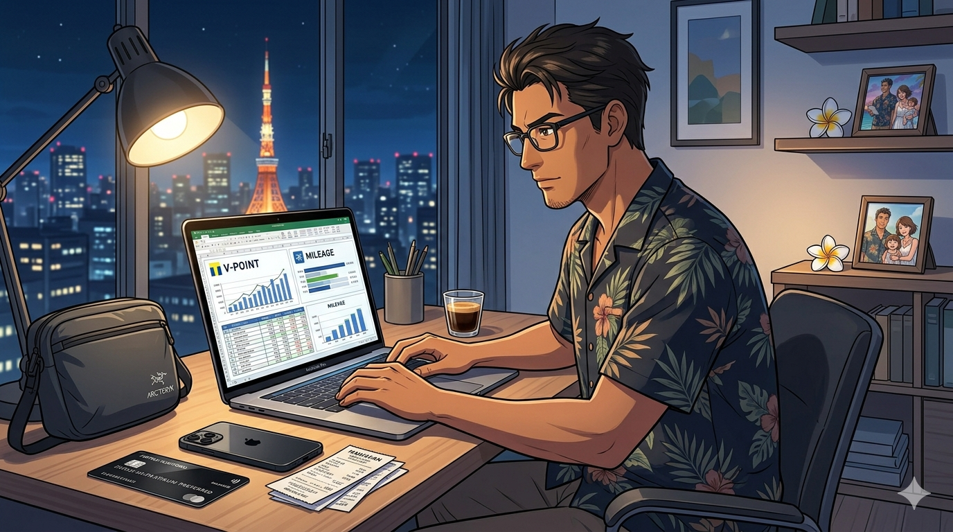 夜の東京、洗練された書斎。リゾートシャツ姿の知的な日本人シェフ（ダスティ）が、MacBookとiPhone 15 Proを前に、ハワイでの決済レシートとポイント還元率をシビアに計算している。デスクには黒く輝く三井住友カード プラチナ・プリファードが置かれている。窓からは東京の夜景が見え、経営者としての冷徹な分析と、旅の成功を確信する自信が同居する、整理整頓された（Tidy）モダンな構図。