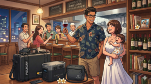 16:9のアニメ調イラスト。4月11日夜、東京のイタリアンレストラン。リゾートシャツを羽織った知的な日本人シェフ（ダスティ）が、常連客に笑顔で「行ってきます」と挨拶している。厨房は完璧に清掃され、カウンターにはハワイへ持参するペリカンケース1626が置かれている。隣には、ショートヘアが素敵な奥様が娘を抱いて誇らしげに微笑んでいる。プロの責任感と旅への期待が混ざり合う、整理整頓された（Tidy）温かい構図。