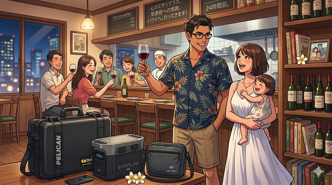 16:9のアニメ調イラスト。4月11日夜、東京のイタリアンレストラン。リゾートシャツを羽織った知的な日本人シェフ（ダスティ）が、常連客に笑顔で「行ってきます」と挨拶している。厨房は完璧に清掃され、カウンターにはハワイへ持参するペリカンケース1626が置かれている。隣には、ショートヘアが素敵な奥様が娘を抱いて誇らしげに微笑んでいる。プロの責任感と旅への期待が混ざり合う、整理整頓された（Tidy）温かい構図。