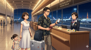 16:9のアニメ調イラスト。夜の空港（羽田JAL国際線ターミナル）。リゾートシャツを着た知的な日本人シェフ（ダスティ）が、iPhone 15 Proを片手に、JGC専用カウンターでスマートにチェックインを済ませている。足元には頑丈な黒のペリカンケース1626。隣には、ショートヘアがよく似合う奥様が娘の手を引いて微笑んでいる。背景にはライトアップされた滑走路とJALの機体。行列を横目に、自信と余裕に満ちた表情で進むプロの姿。整理整頓された（Tidy）知的な構図。