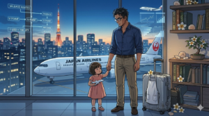 朝の光が降り注ぐ羽田空港の国際線搭乗ゲート前。コックコートではなく、洗練されたアロハシャツを纏った知的な日本人シェフ（36歳、眼鏡着用）が、2歳の娘と手を繋ぎ、滑走路に駐機するJALの機体を静かに見つめている。足元にはステッカーの貼られたシルバーのリモワ。背後には、これまでの喧騒を忘れさせるような「空白」を感じさせる、透明感のある空港の景色。15年の重圧を脱ぎ捨て、家族との新しい旅へと踏み出す決意の瞬間。